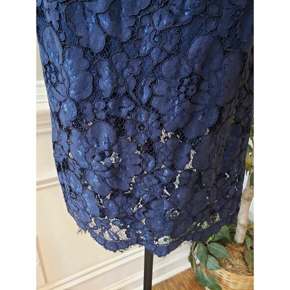 NSR Fit & Flare Dress Women Medium Blue Floral Overlay Lined Fringe Keyhole Back - Picture 13 of 14